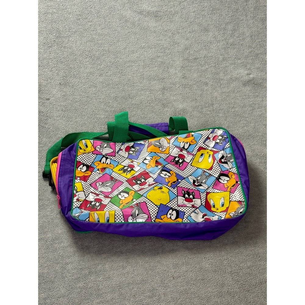 Vintage 1993 Looney Tunes Duffel Bag Bugs Bunny Tweety Purple Retro 90s Travel